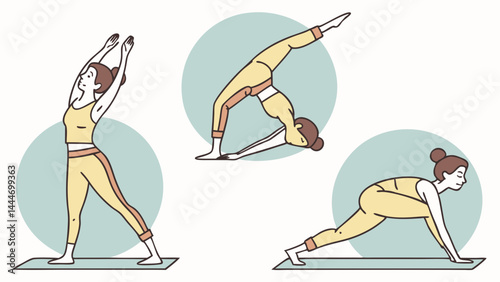 Simple Flat Illustration Woman Doing Yoga Poses in Yellow Outfit on Mat Fitness Exercise