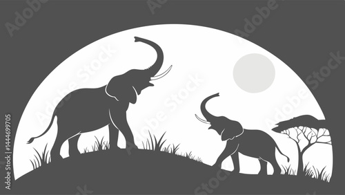 African Savanna Sunset Silhouette Graphic Art Adult And Baby Elephants