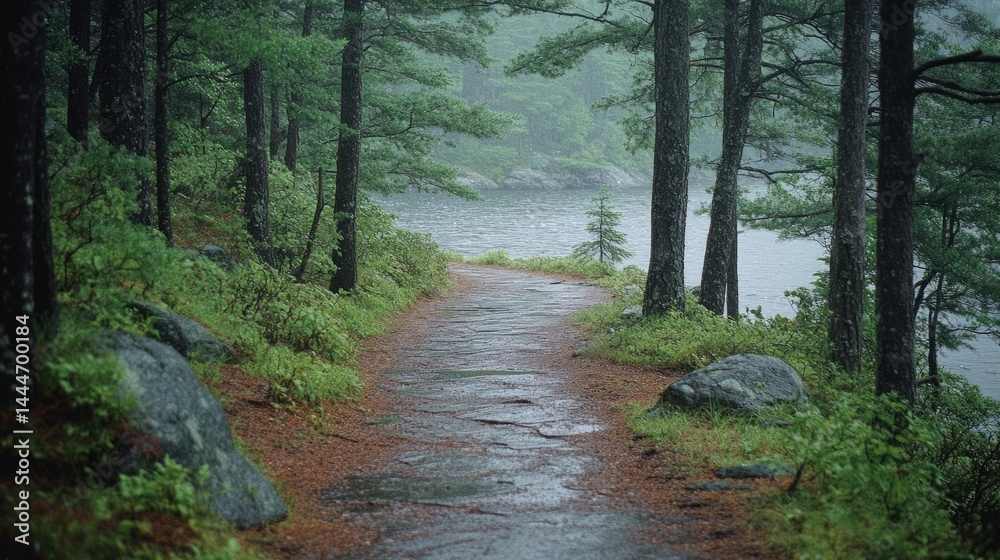 Obraz premium Tranquil forest path leads to misty lake