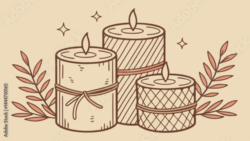 Hand Drawn Vintage Style Illustration of Three Burning Candles with Leaves and Stars