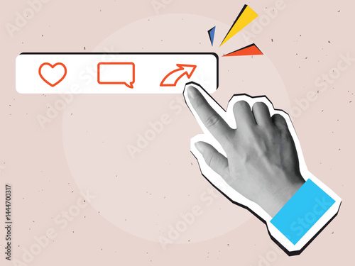Black and white hand press share button. Modern collage style. Vector illustration