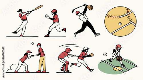 Flat design baseball illustrations of players in action pitching batting running and fielding with a baseball graphic.