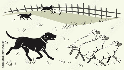 Black Sheepdog Herding Three White Sheep Rural Farm Monochromatic Sketch Illustration