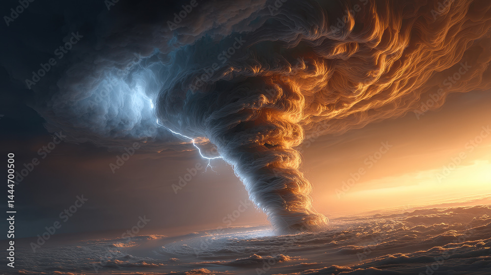 Powerful Tornado with Lightning and Sunset