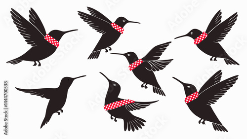 Set of Flying Black Hummingbird Silhouettes with Red Polka Dot Collars Vector Illustration