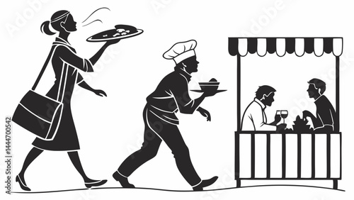 Black and white illustration depicting restaurant food service with chef, server, and customers at an outdoor dining stall.