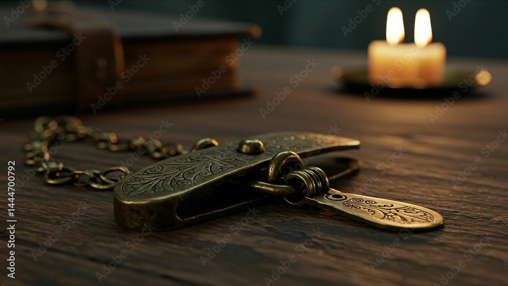 Antique Lock and Key on Wooden Table Antique Lock and Key on Wooden Table