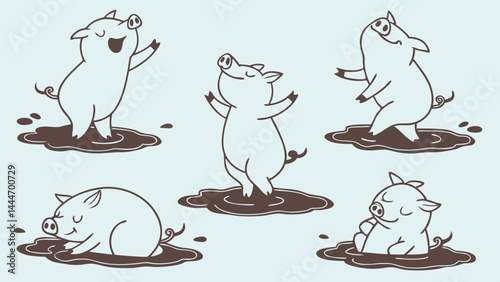 Cute Happy Cartoon Pigs Playing in Mud Puddles Outline Illustration