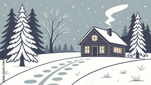 Snowy Winter Landscape Illustration Cozy Log Cabin Forest Path Smoke