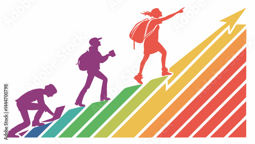 Colorful Gradient Arrow with Silhouettes Representing the Journey of Learning Growth and Success