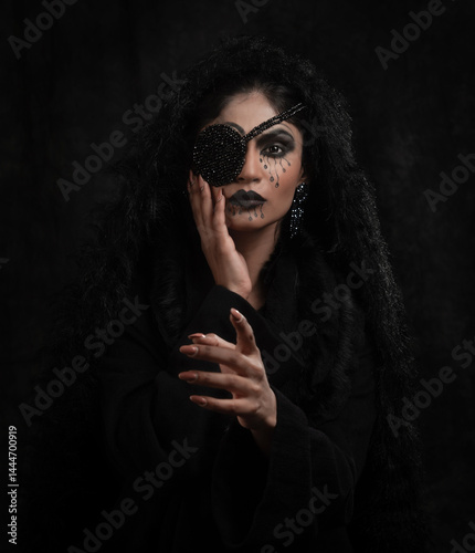 Obraz na płótnie Indian female fashion model dressed in black with one eye covered. Indoor studio portrait. w salonie