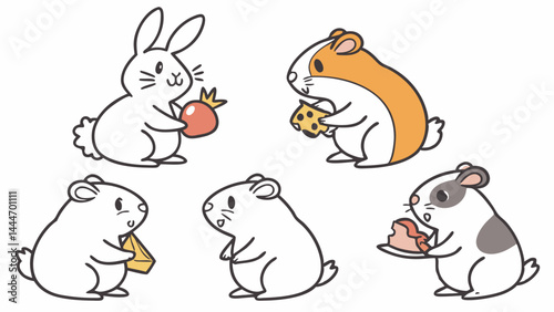 Cute cartoon art of five animals holding food including a white rabbit with fruit and four guinea pigs with cheese and a treat