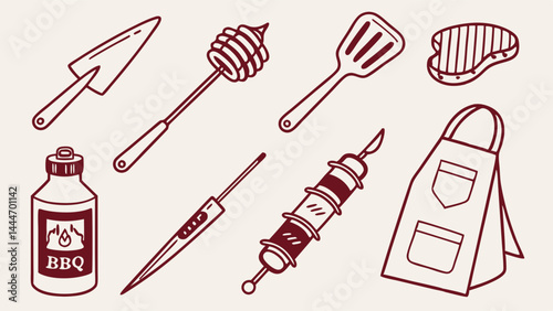 BBQ Grilling Tools and Accessories Simple Line Art Illustration with Steak Sauce and Apron