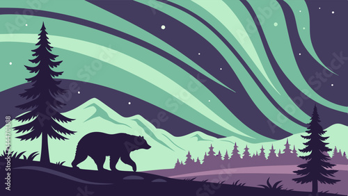 Stylized Flat Illustration Bear Walking Under Northern Lights Aurora Borealis Mountains Trees Night Sky Art