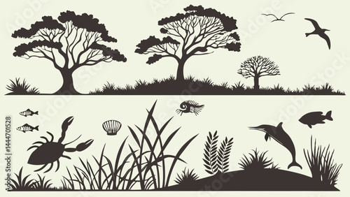 Nature and marine wildlife silhouettes trees birds fish dolphin crab shell landscape aquatic plants vector