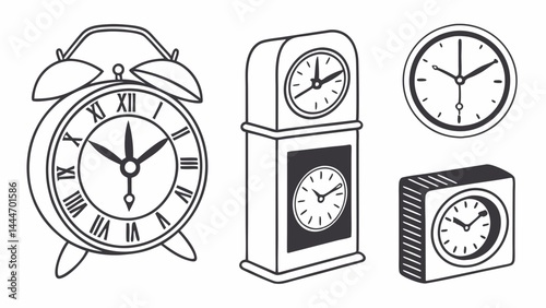 Clocks Line Art Sketch Outline Illustration Different Types Alarm Grandfather Wall Desk