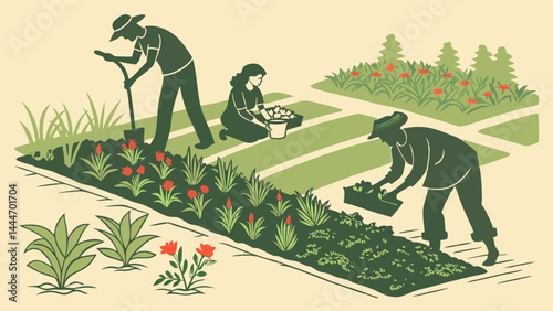 Green Stylized Illustration of Gardeners Planting, Digging, and Harvesting in a Garden