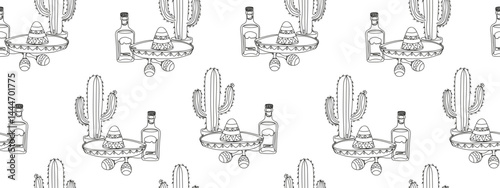 seamless pattern cactus sombrero tequila bottle maracas mexican fiesta elements white background, repeating outline design for cinco de mayo celebration, cultural symbols