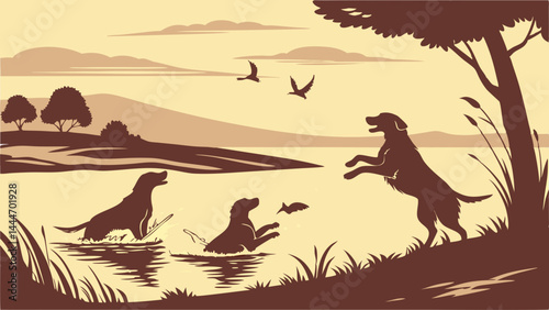 Vintage sepia illustration of three hunting dogs retrieving waterfowl from a lake landscape.