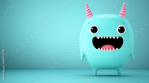 Friendly cartoon monster with horns and sharp teeth on turquoise background with copy space