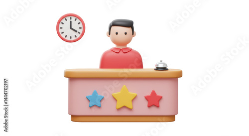 Isolated Cartoon Hotel Reception Desk with Clock and Staff