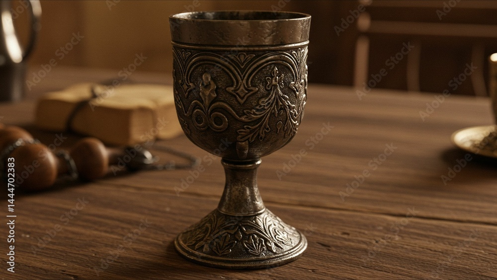 Ornate Medieval Chalice on Rustic Table Ornate Medieval Chalice on Rustic Table