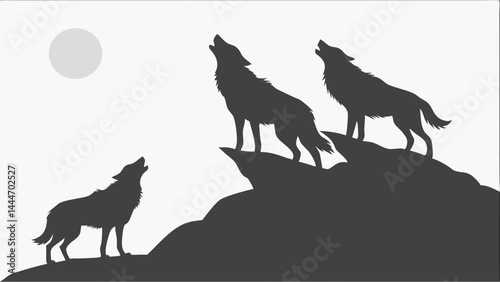 Dark Night Majestic Three Wolves Howling at Full Moon Silhouette Wildlife Nature Art