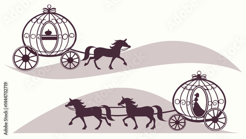 Elegant Silhouette Horse Drawn Pumpkin Carriages Royal Fairy Tale Illustration