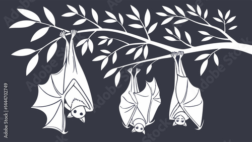 Black and white silhouette illustration of three cute bats hanging upside down from a tree branch with leaves