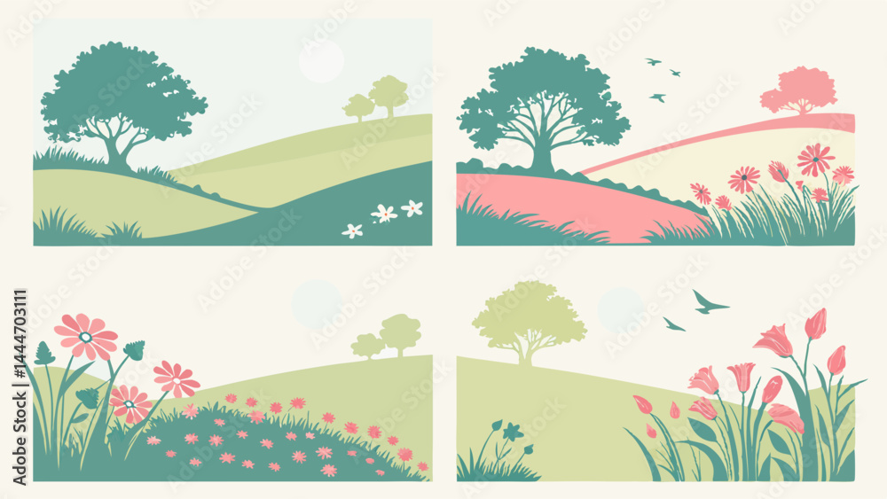 Obraz premium Stylized Vector Nature Landscape Illustrations Set with Rolling Hills Trees Flowers and Birds