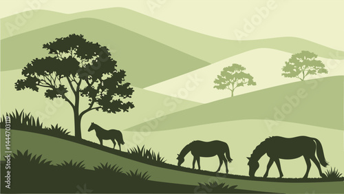 Pastoral Green Vector Landscape Scene with Silhouette Horses Grazing on Rolling Hills and Trees