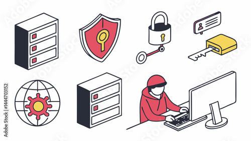 Isometric Line Art Cyber Security Icons Hacking Data Protection Servers Shield Lock Key Global Network Hacker