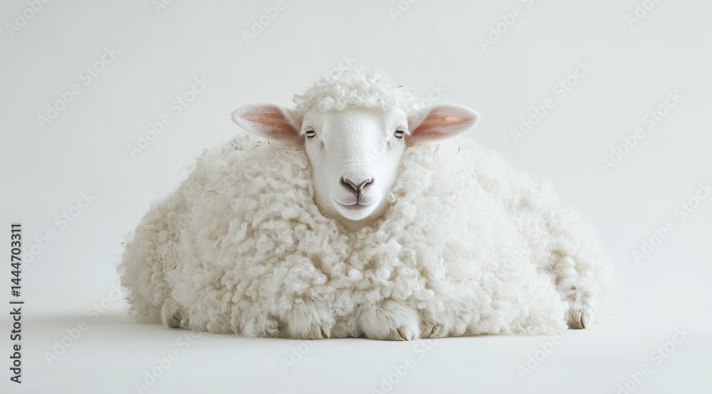 Obraz premium A white sheep, covered in fluffy white wool, resting on the ground