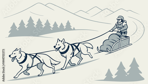 Retro style illustration of a dog sled team with two huskies pulling a musher through a snowy winter landscape