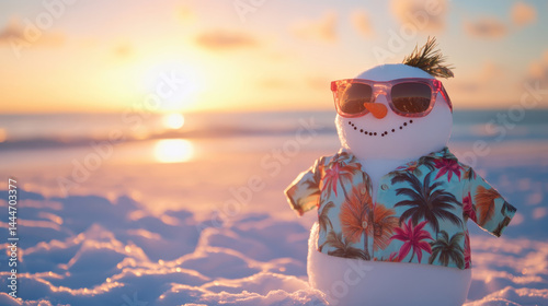 Snowman on a beach wearing colorful Hawaiian shirt and sunglasses at sunrise with tropical leaf on head, combining winter holiday charm with fun summer vacation vibe in a surreal coastal setting.