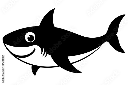 Cartoon shark black and white silhouette with a friendly smile