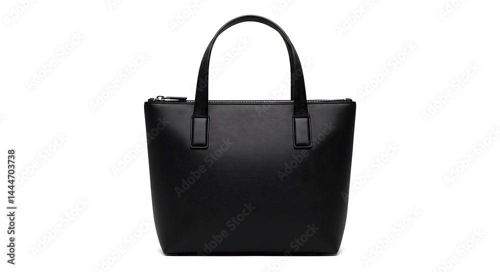 A black hand tote bag with zipper and leather handles centered on an isolated white background
A black hand tote bag with zipper and leather handles centered on an isolated white background