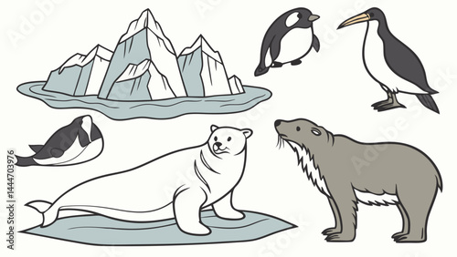 Cartoon Arctic and Antarctic Animals Illustration with Polar Bear Seal Penguins and Icebergs on Water and Ice Floes