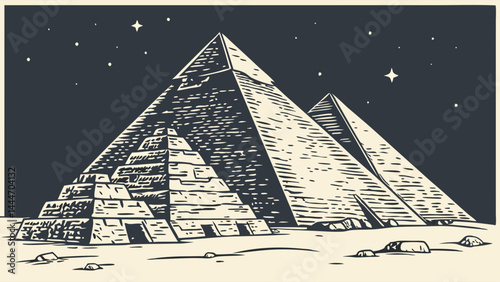 Vintage Etching of Egyptian Pyramids at Night Under Starry Sky Ancient Egypt Landmark Illustration