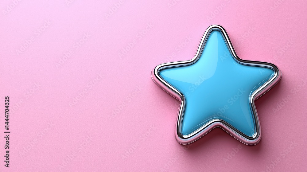 A light blue, glossy star with a silver border rests on a pink background.  Simple, modern design
