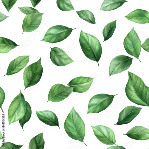 Falling Green Leaves Watercolor Pattern on White Background