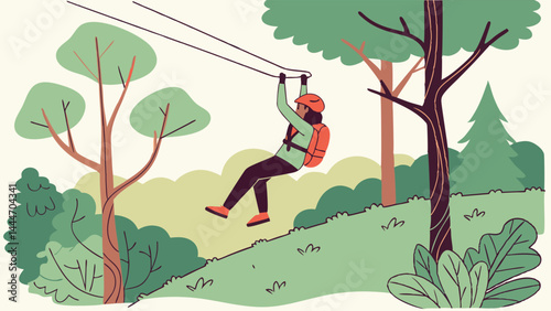 Outdoor adventure flat illustration Person ziplining over green trees and forest hill