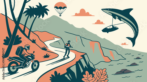 Vibrant Flat Illustration of Surreal Outdoor Adventure Motorcycle Skateboard Flying Shark Hot Air Balloon Scene