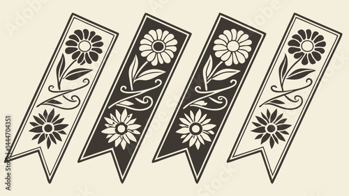 Set of 4 Decorative Floral Bookmarks with Daisy Flowers and Scrolling Leaves Design Vintage Style