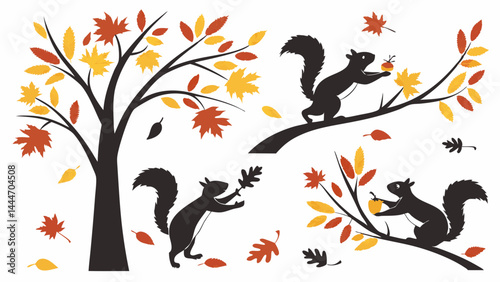 Silhouette Squirrels Playing with Falling Autumn Leaves and Acorns Vector Art