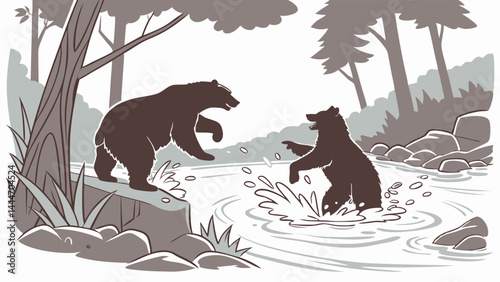Grayscale illustration of two brown bears wrestling in a river splashing water forest background