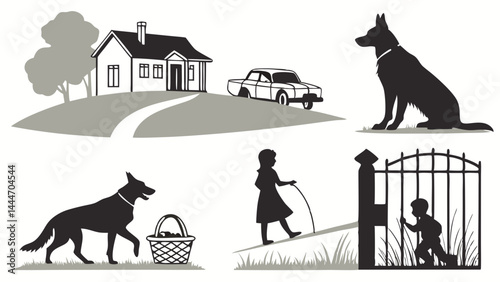 Highly Detailed Black and White Silhouette Vector Art Collection Featuring Dogs People House Car and Gate Illustrations of Outdoor and Domestic Scenes