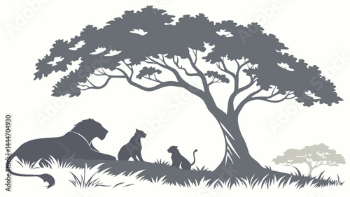 Vector Silhouette Illustration of African Lion Family Resting Under Acacia Tree in Savanna