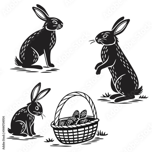 Monochrome Three Hares and Wicker Basket in a Stylized Black and White Design