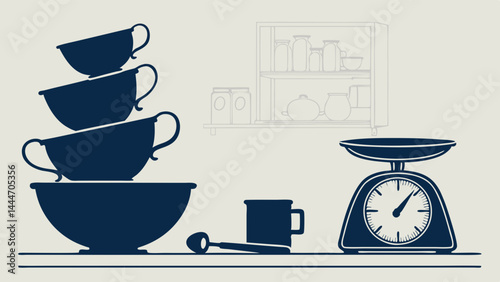 Kitchen Baking Tools Illustration Stacked Bowls Cups Scale Spoon Minimalist Silhouette Art